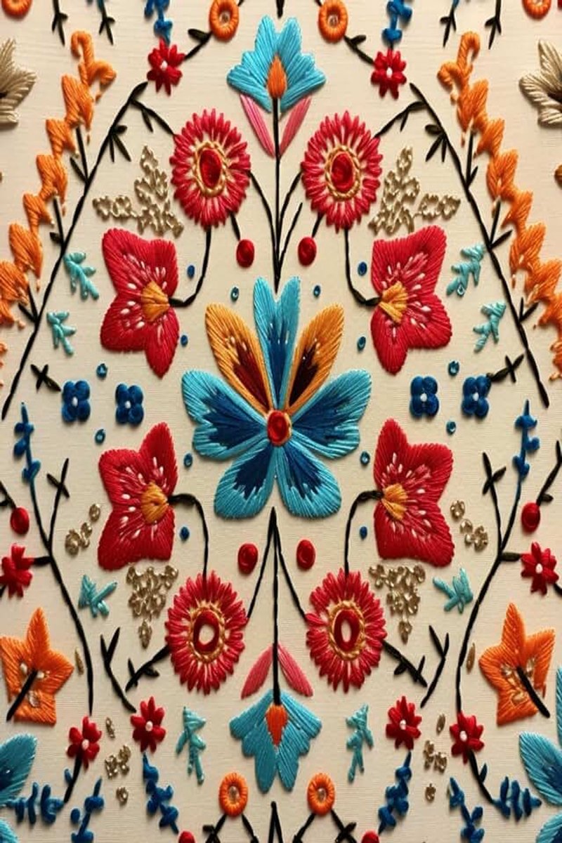 Floral Stitches of Grace: traditional style , vibrant colors, detailed stitching