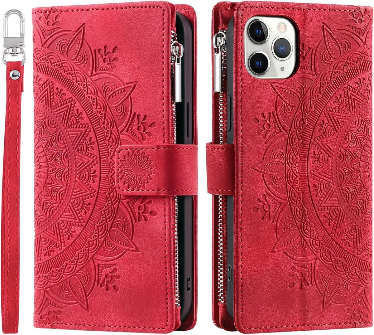 Hoes voor mobiele telefoon voor iPhone 11 Pro, inklapbaar, bloemen, telefoonhoes, beschermhoes, klaphoes met kaartenvak, mobiele telefoon, tas, bookcover, flip case, standaard, rood