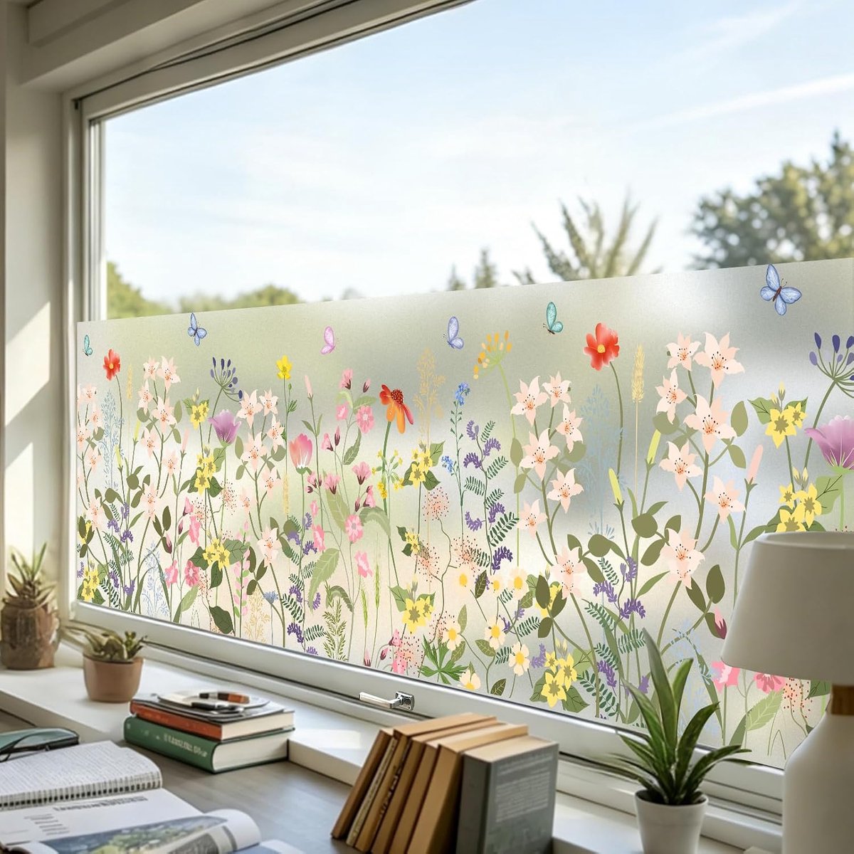 Dktie Raamfolie, statisch hechtend, geen lijm, herbruikbaar, anti-uv, melkglas, inkijkbescherming, botanisch bloemenpatroon, lentedecoratie voor woonkamer (01, 60 x 200 cm)