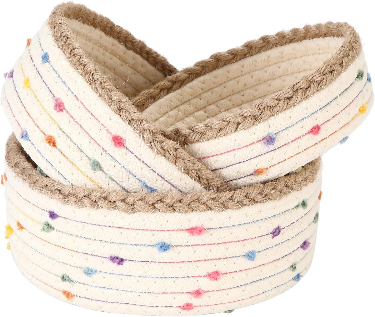 Team Set van 3 kleine katoenen touw-opbergmanden, draagbare ronde organizer met jute vlechtwerk voor kleinigheden, speelgoed, make-up en sieraden