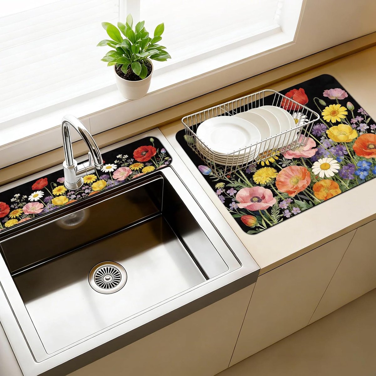 Spatbescherming, 3 stuks, wilde bloemenpatroon, diatomeeënaarde, absorberend, 60 x 14 cm en 60 x 41 cm, voor keuken en badkamer