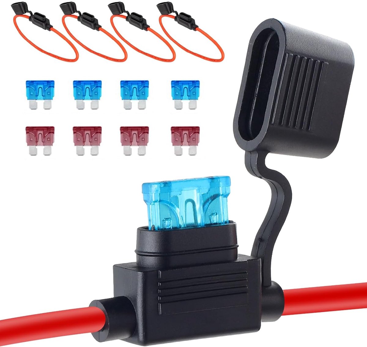 4 stuks 16AWG inline zekeringhouderset (10A/15A) met 8 ATC/ATO-standaard platte zekeringen voor golfwagenverlichting, elektrische schakelingen, dashcams, voertuiginstrumenten, waterdicht