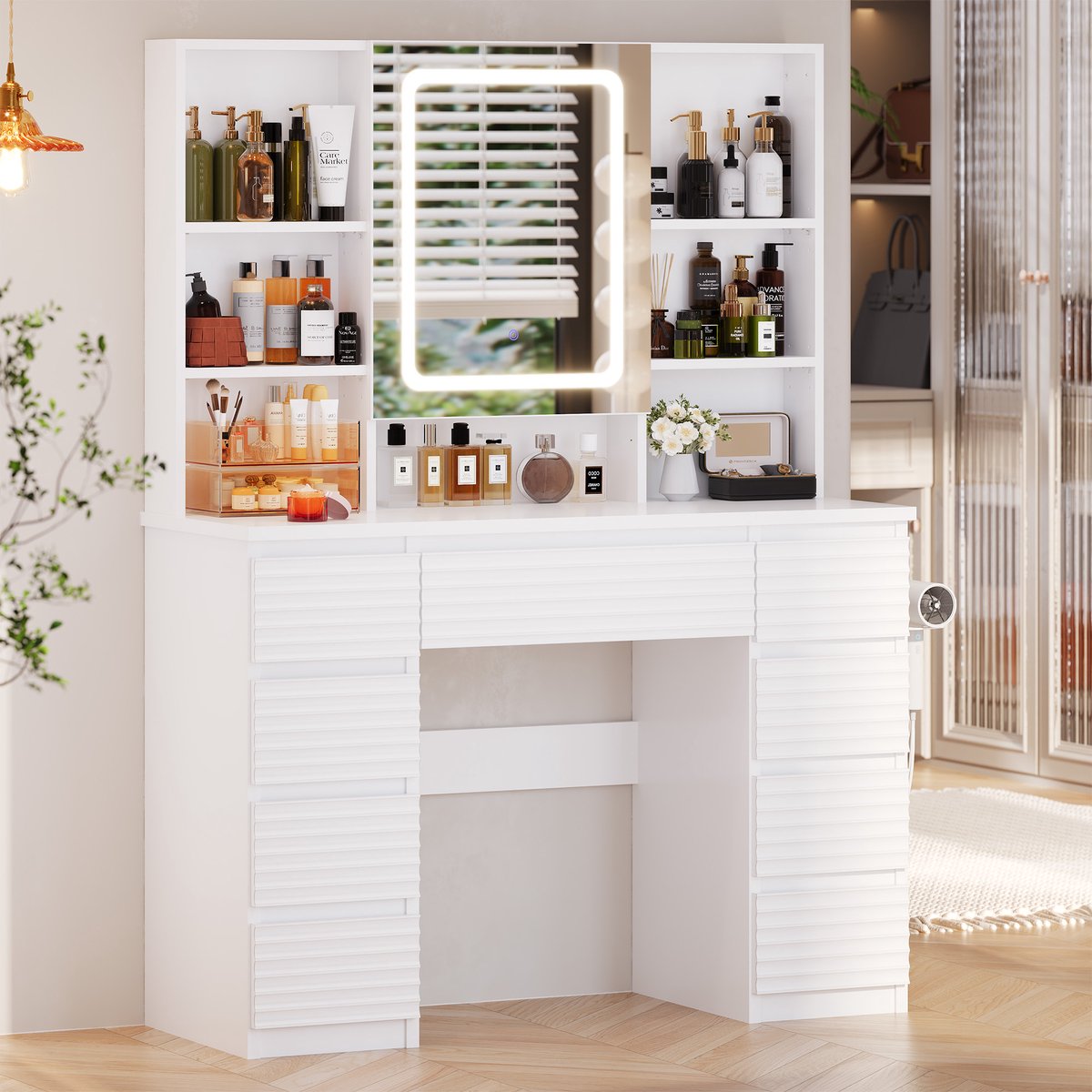 Devoko Kaptafel met Spiegel en LED Verlichting – 12 LED-Lichtpunten en 3 Lichtkleuren – 9 Laden met Geribbelde Fronten en Verborgen Spiegelopberging – 2 Stopcontacten, USB, USB-C en Föhnhouder – 108 × 40 × 146 cm – Wit