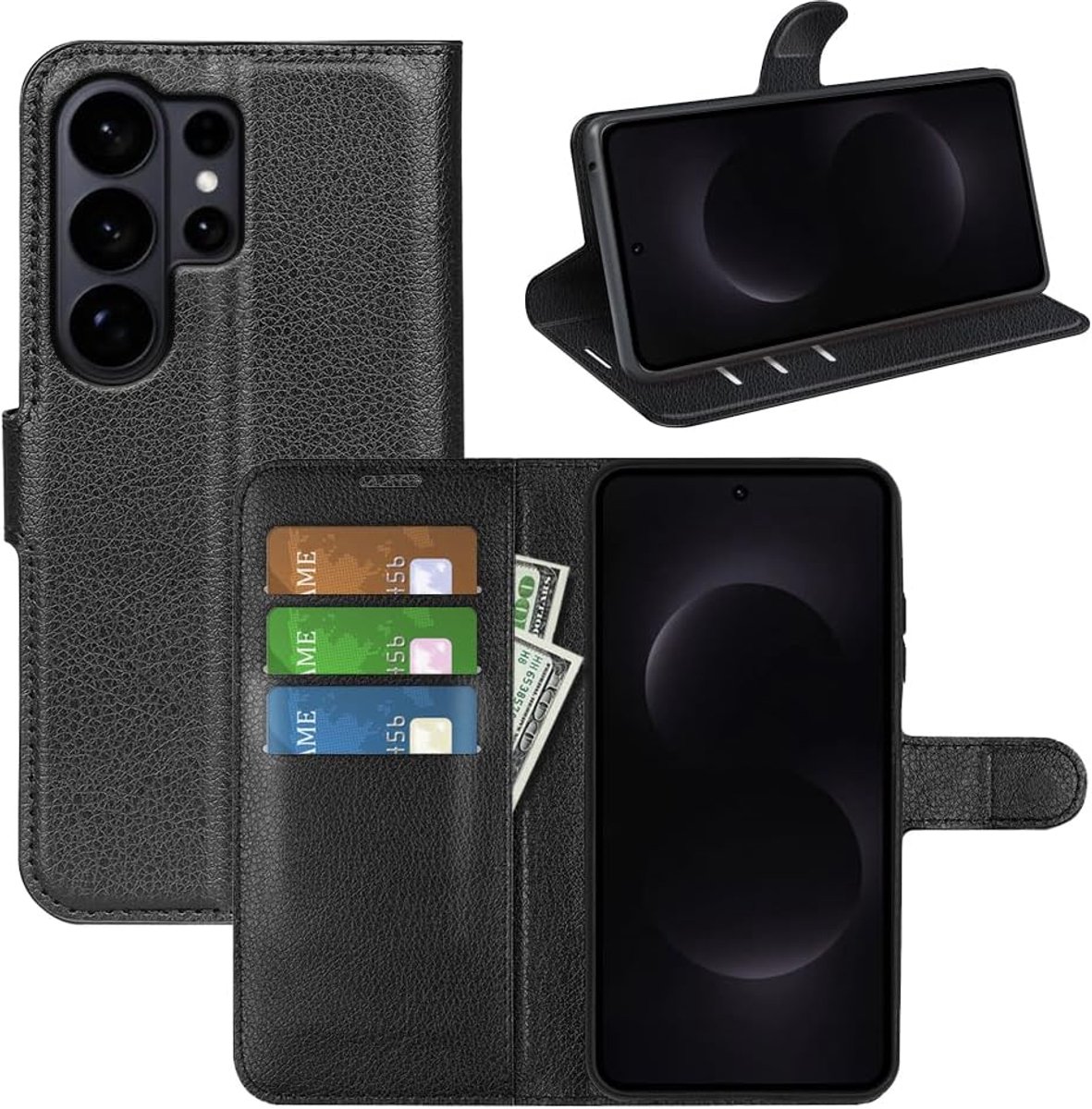 Beschermhoes voor Samsung Galaxy S26 Ultra, portefeuille, boek, kunstleer, schokbestendig, flipcase met kaartsleuf, standfunctie, magnetische gesp, zwart