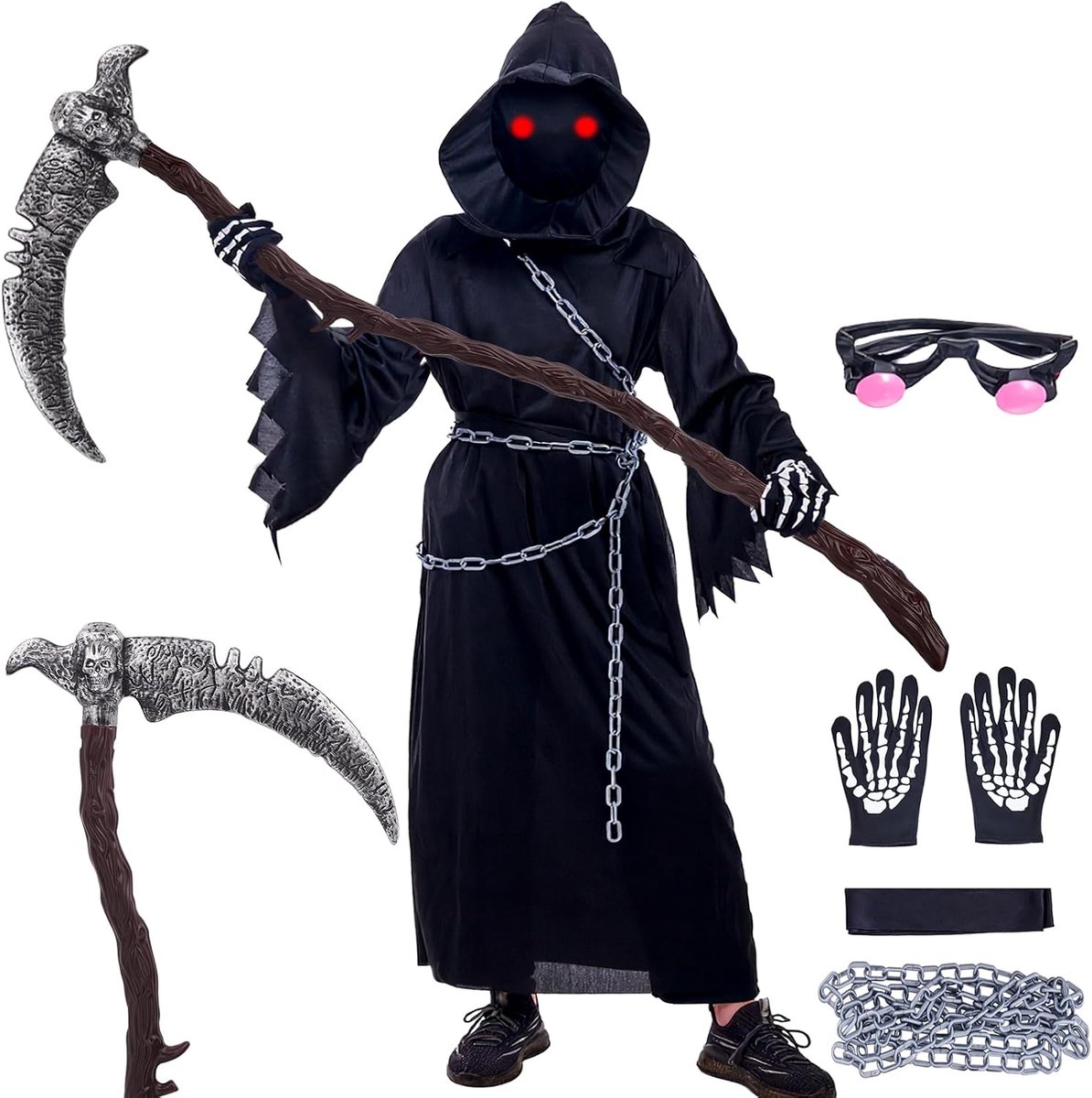 Hein kostuum kinderset - Griezelig Halloween kostuum voor kinderen met luxe zeis (123 cm) & metalen ketting & gezichtsmasker & lichtgevende ogen,Grim Reape kostum jongen Dood Soul Taker kostums