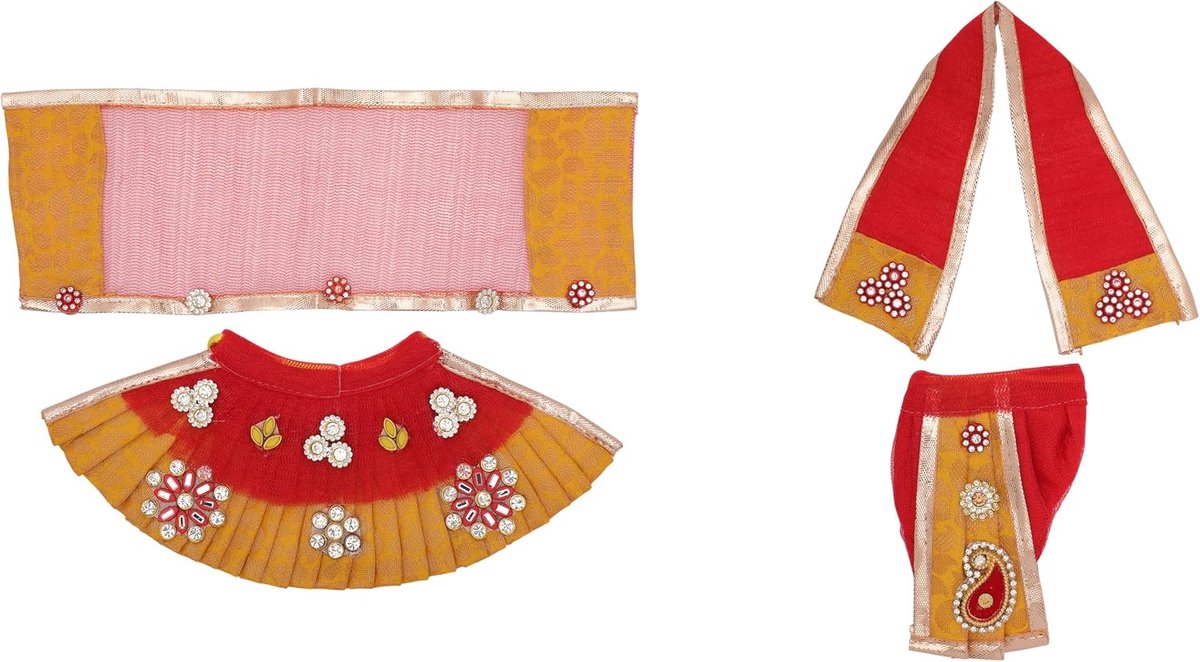 Ganesh Jurk Mata Poshak Puja Doek Lehanga Chunari - Rood, Geel (4")