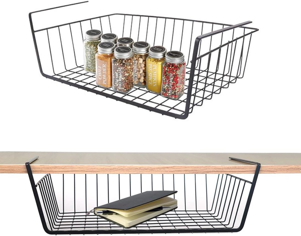 Opbergmand voor onder plank hangende metalen draad, organizer voor kasten en planken (2 stuks, zwart)