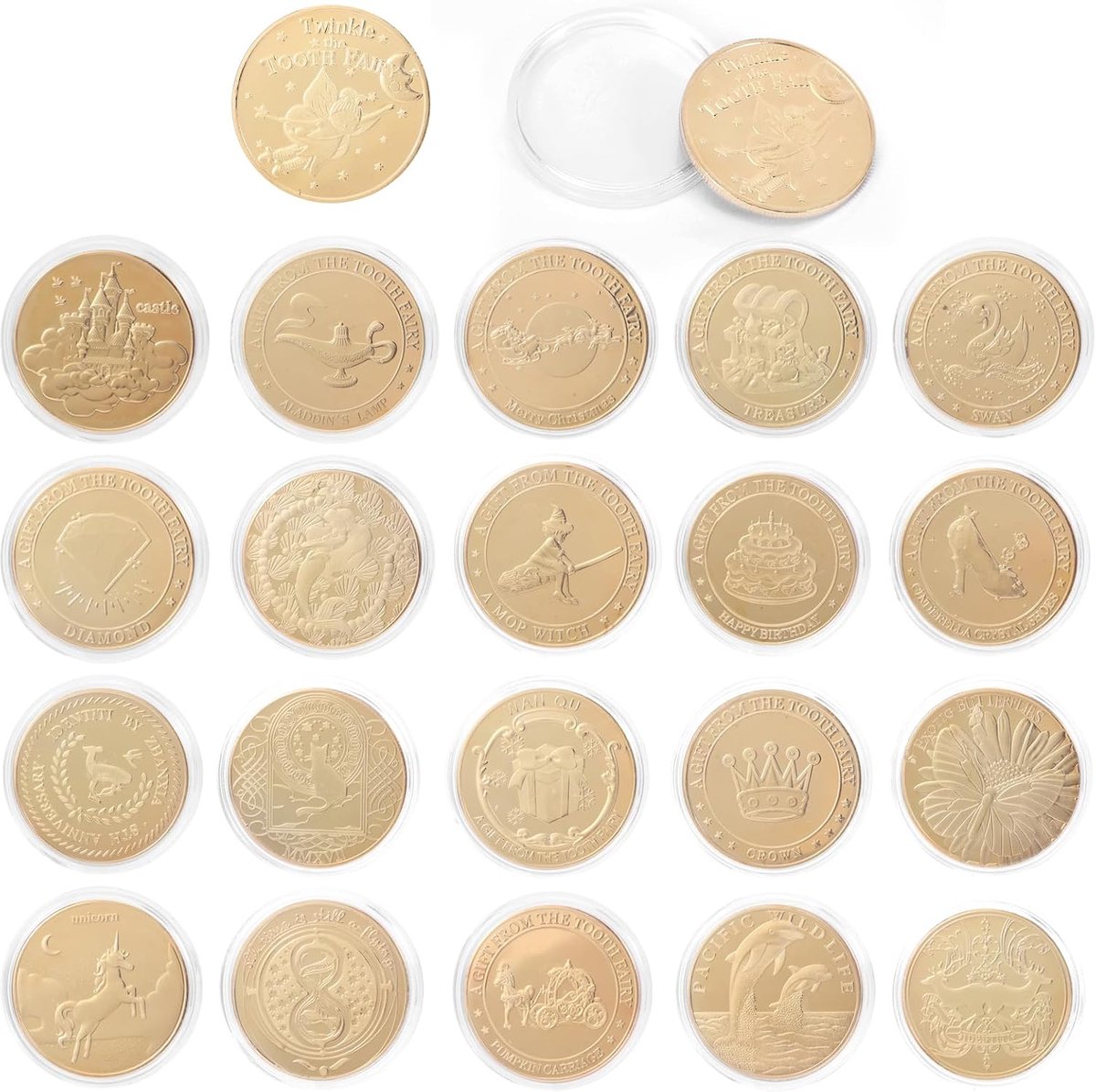 20 stuks tandfeeënmunten, speelgoed, gouden talismanen met verschillende designs, elk stuk in kunststof doos, cadeau voor verloren tanden, jongens en meisjes