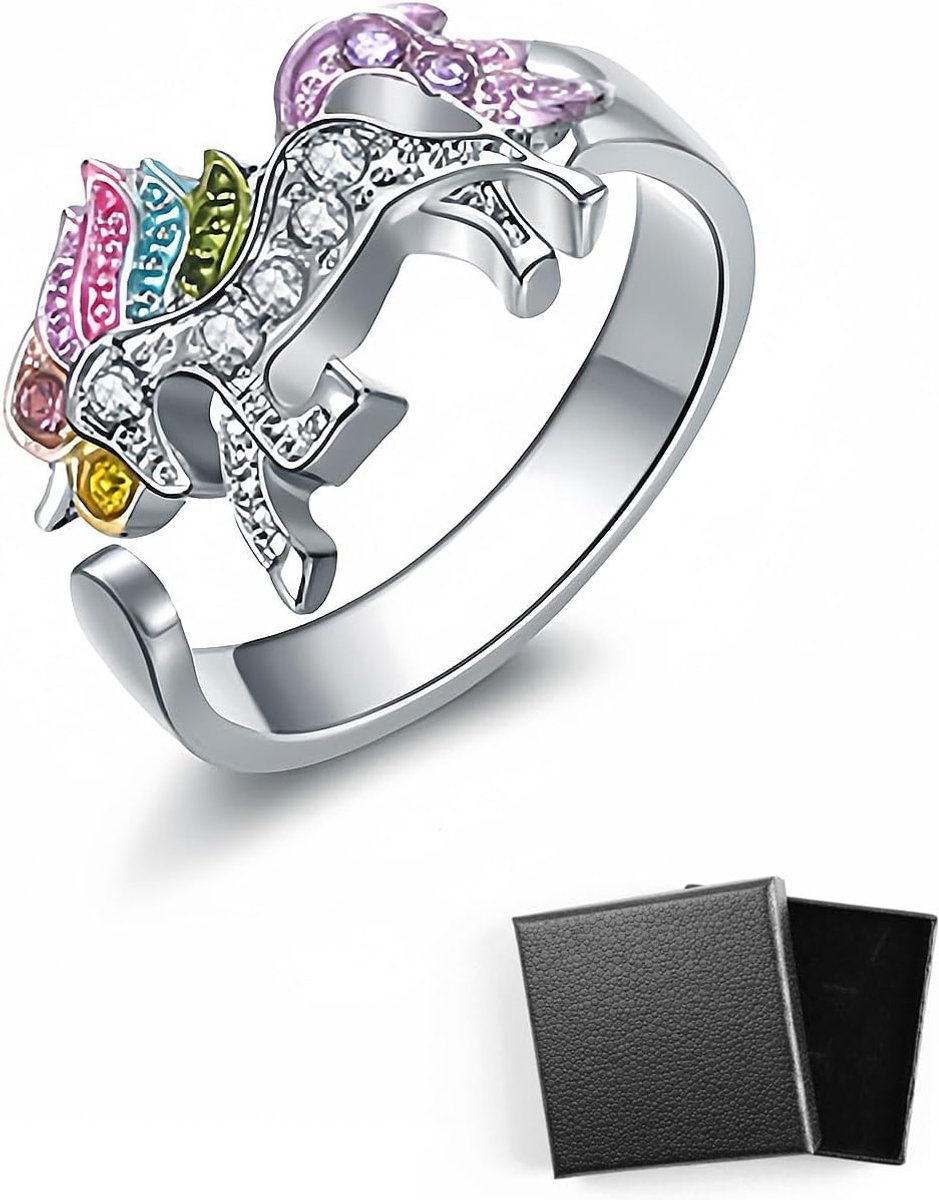 1 stuks regenboog eenhoorn ring met strass verstelbare opening cartoon eenhoorn meisjes ring, cadeau voor dochter, kleindochter, kind van een vriendin