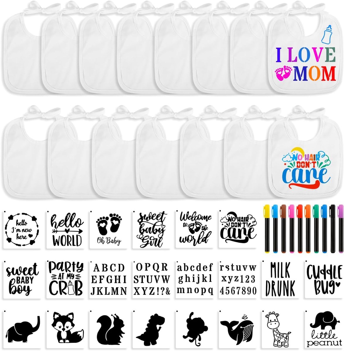 47 stuks doe-het-zelf decoratieset - 15 witte slabbetjes, 22 sjablonen, 10 stoffen markers, blanco slabbetjes voor babyshower spel