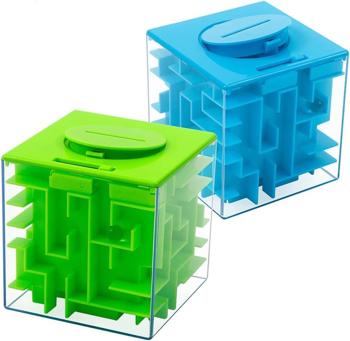 2 Stuks Doolhof Spaarpot Met 3D Puzzel - Transparante Geldpuzzel Kubus In Groen En Blauw - Interactieve Spaarpot Voor Kinderen En Volwassenen - Ca. 8 X 8 X 8 Cm Per Stuk - Cadeau Voor Verjaardag En Feest