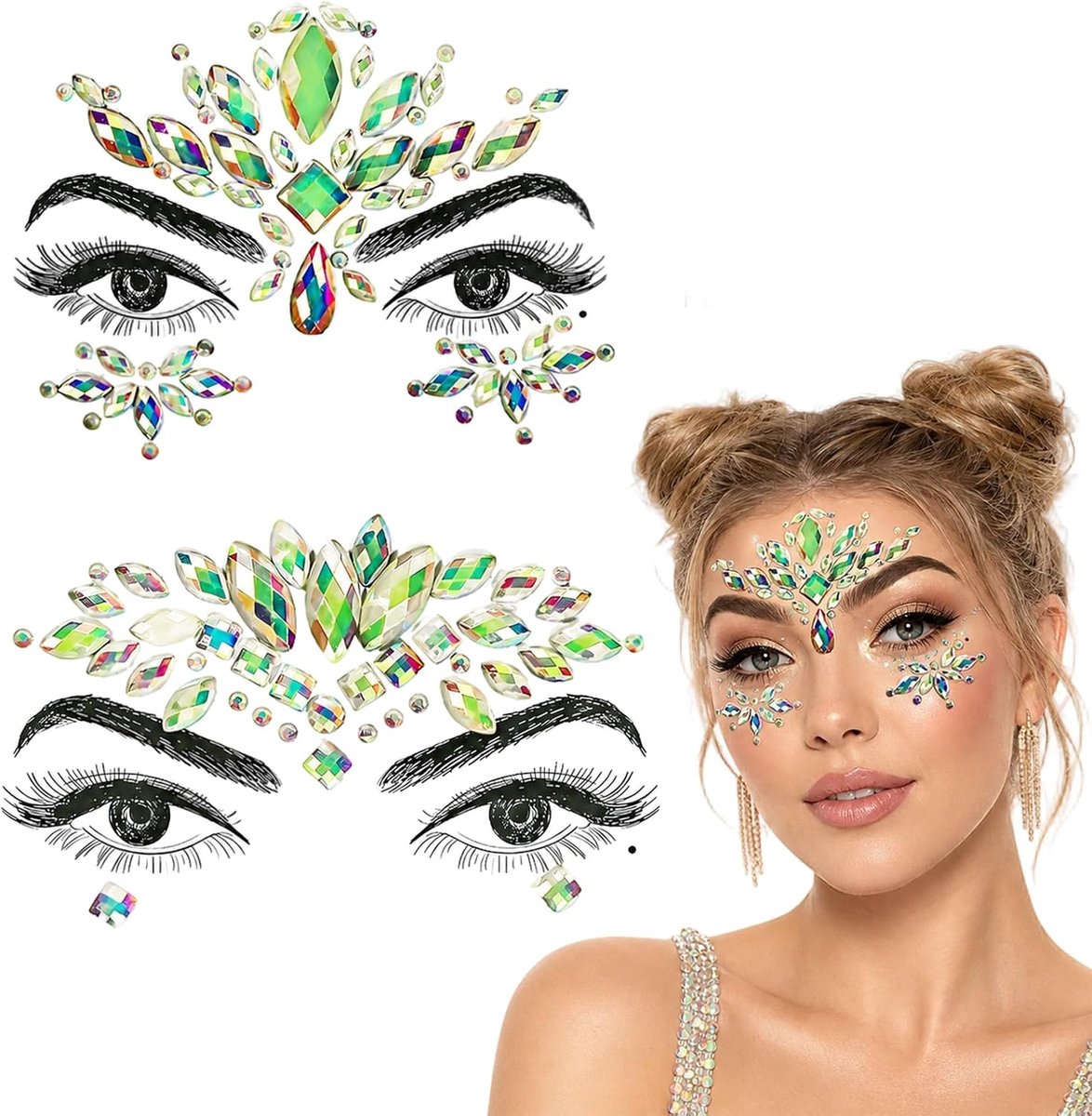 2 stuks glitterstenen voor gezicht, zelfklevende strass-steentjes voor Halloween en carnaval, fonkelende gezichtsstickers voor kostuums en feesten, geschikt voor cosplay en festivals