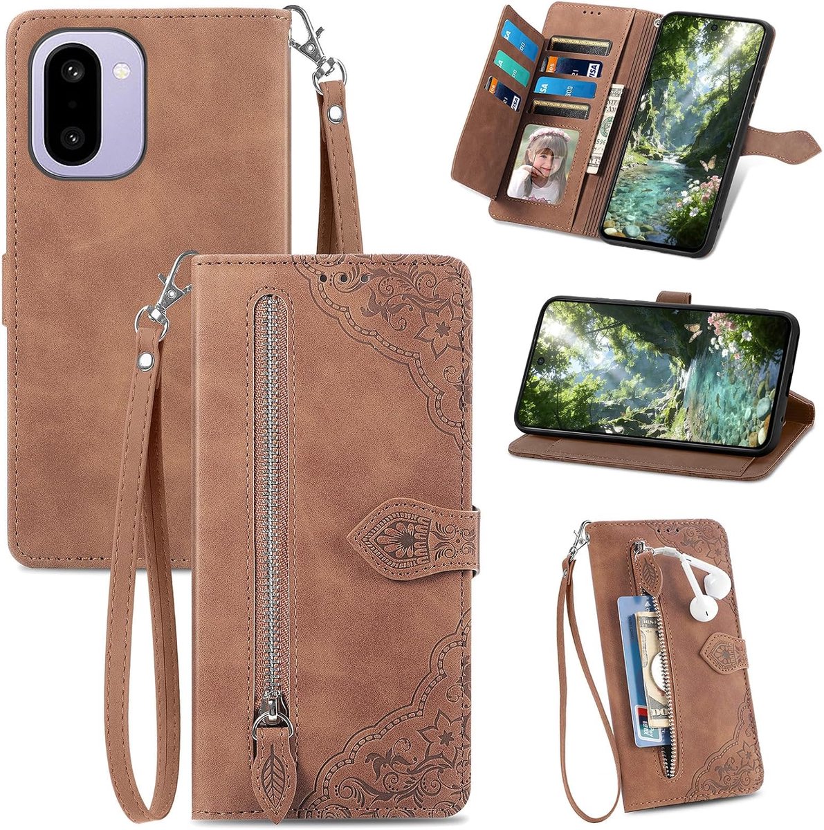 Hoes voor Oneplus 15R, PU-leren telefoonhoes, inklapbare flip case, hoes met kaartenvak, magneet, standaard en polslus, bloemenpatroon, beschermhoes, schokbestendig, bruin
