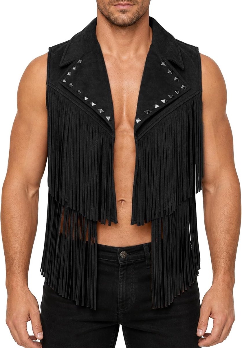 Herenvest met franjes, kostuum, cowboy, hippie, vest, kort, mouwloos, jas, kwastjes, retrovest, comfortabele kleding, discoparty, carnaval, rave, S-2XL