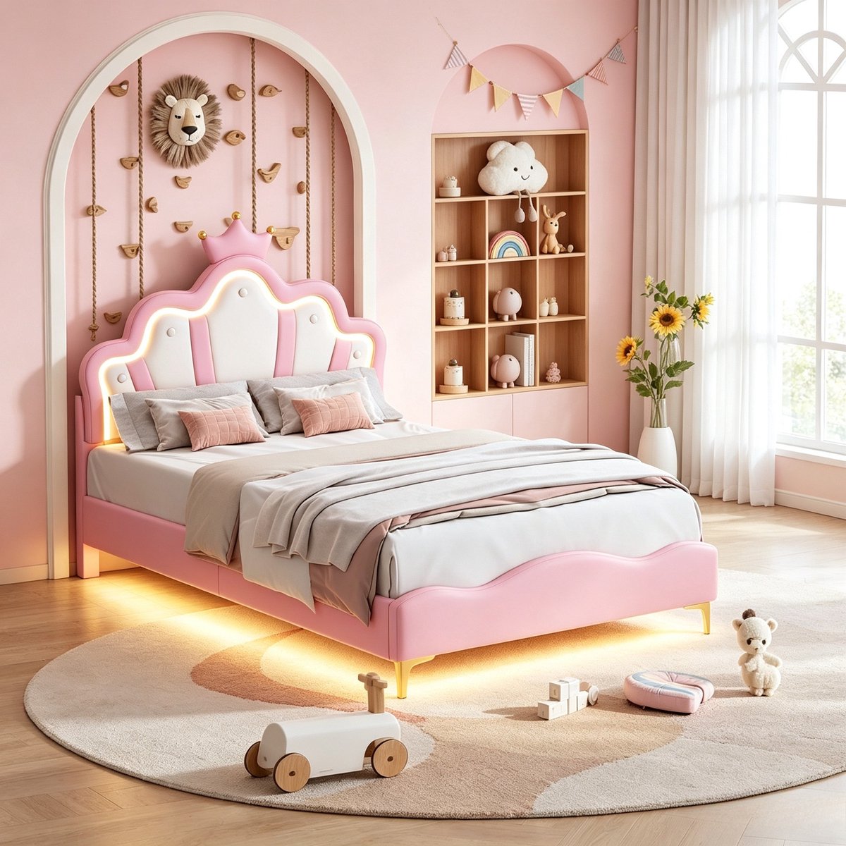 ROSAHQNDA Kinderbed 140x190 cm, prinsessenbed met led verlichting aan hoofdbord en onderbed, verstelbaar kroon hoofdbord, zacht pu gestoffeerd bed roze, zonder matras