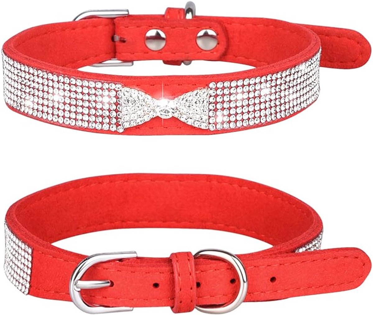 Halsband met Strass Steentjes, Halsband Met Strass Strik voor Honden En Katten, Halsband voor Honden En Katten, In Zacht Suède