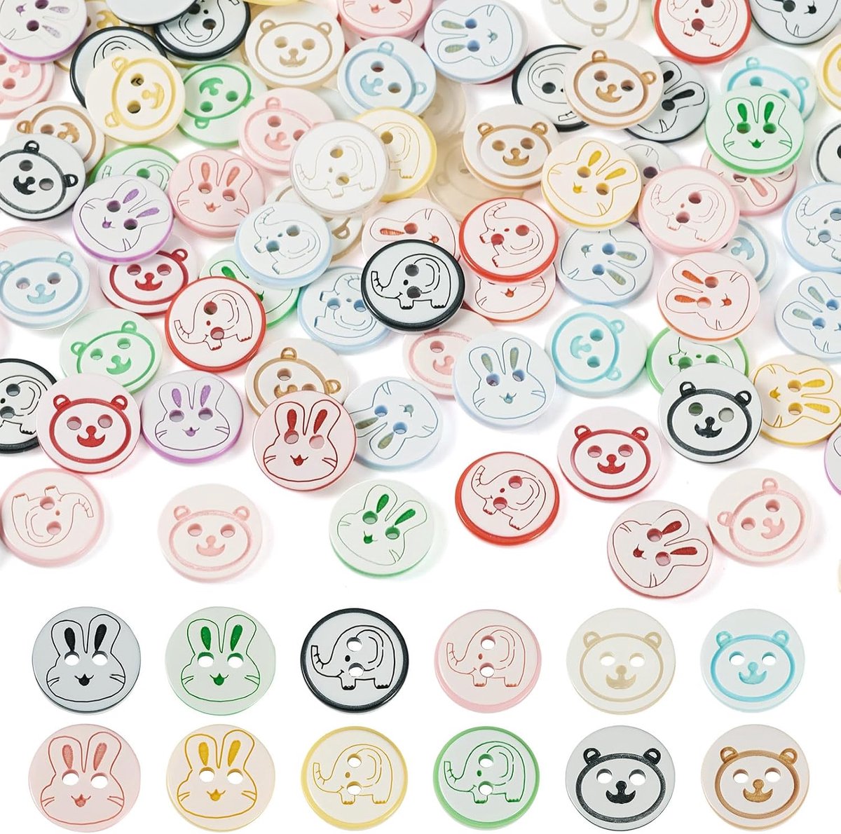 200Pcs Dierlijke Hars Knoppen 12,5 MM Platte Ronde 2-Gat Nieuwigheid Decoratieve Knoppen Konijn/Olifant/Beer Kleurrijke Knop voor Kostuum Kledingstuk DIY Ambachten Breien Naaien Do