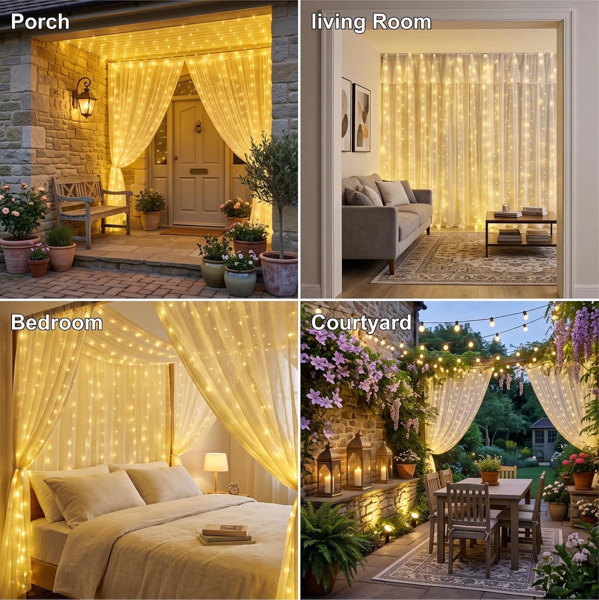 LED-gordijnverlichting – 3 x 3 m, 300 LED's (10 strengen met haken); voeding via USB; inclusief afstandsbediening; geschikt voor feestelijke decoratie en binnenverlichting; zorgt voor hoogwaardige, sfeervolle verlichting – Gekleurd licht — cadeau in Wonen & Interieur - foto 3