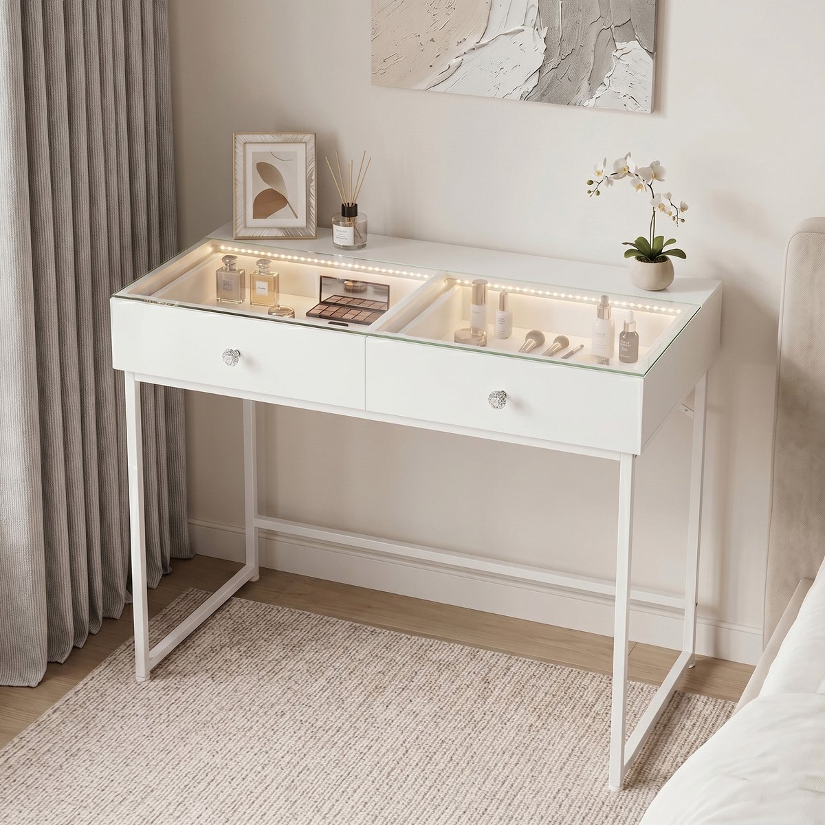VANITII GLOBAL Kaptafel met Verlichting Licht LED 2 Lades Wit 100 x 55 x 81 cm