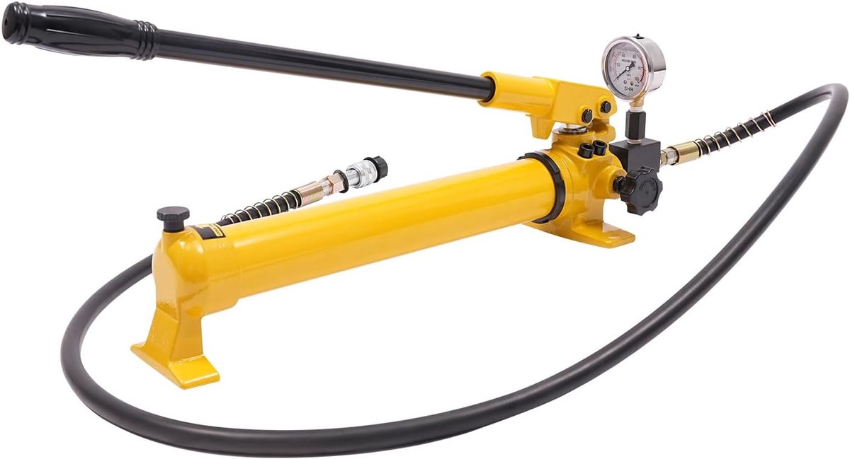 Hydraulische pomp CP-700, gietijzer, geel, 700 bar, 700 cm³ olievoorraad, met manometer en hogedrukslang, 61x9,5x15 cm