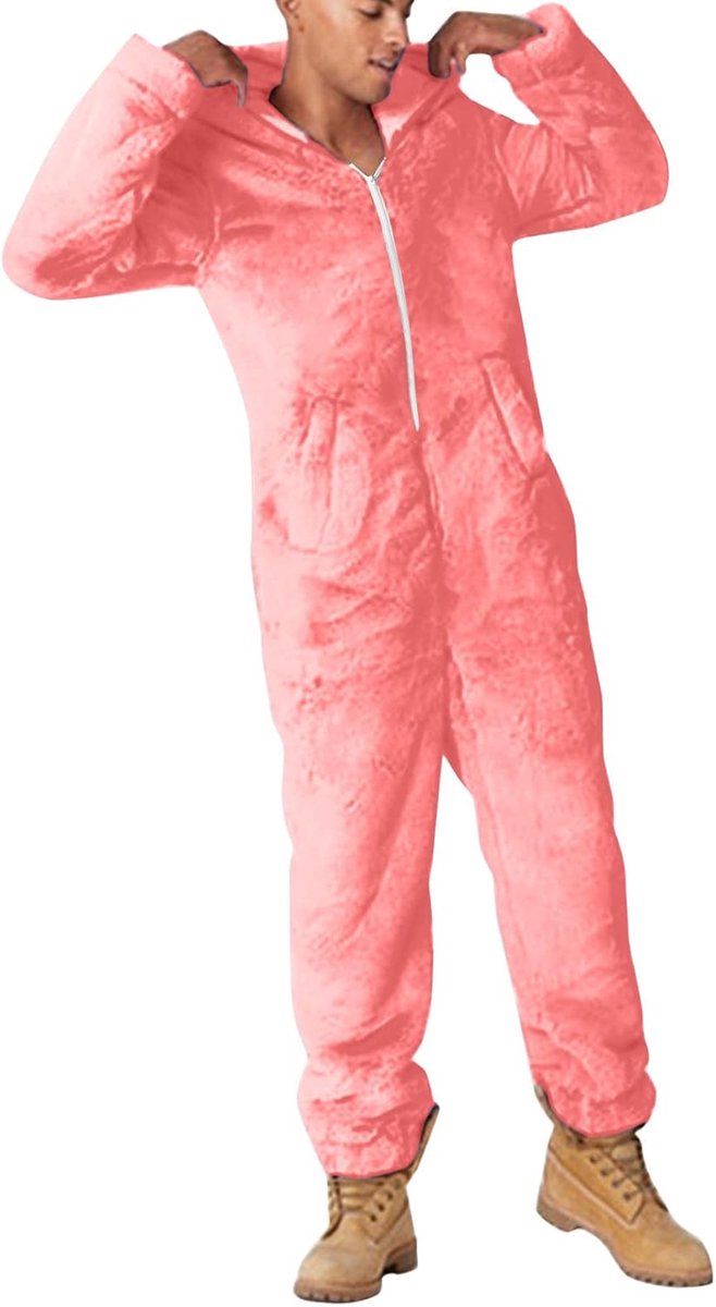 2026 heren kunstwol lange mouwen pyjama casual effen ritssluiting los met capuchon overall pyjama casual winter warm romp leuke oren nachtkleding