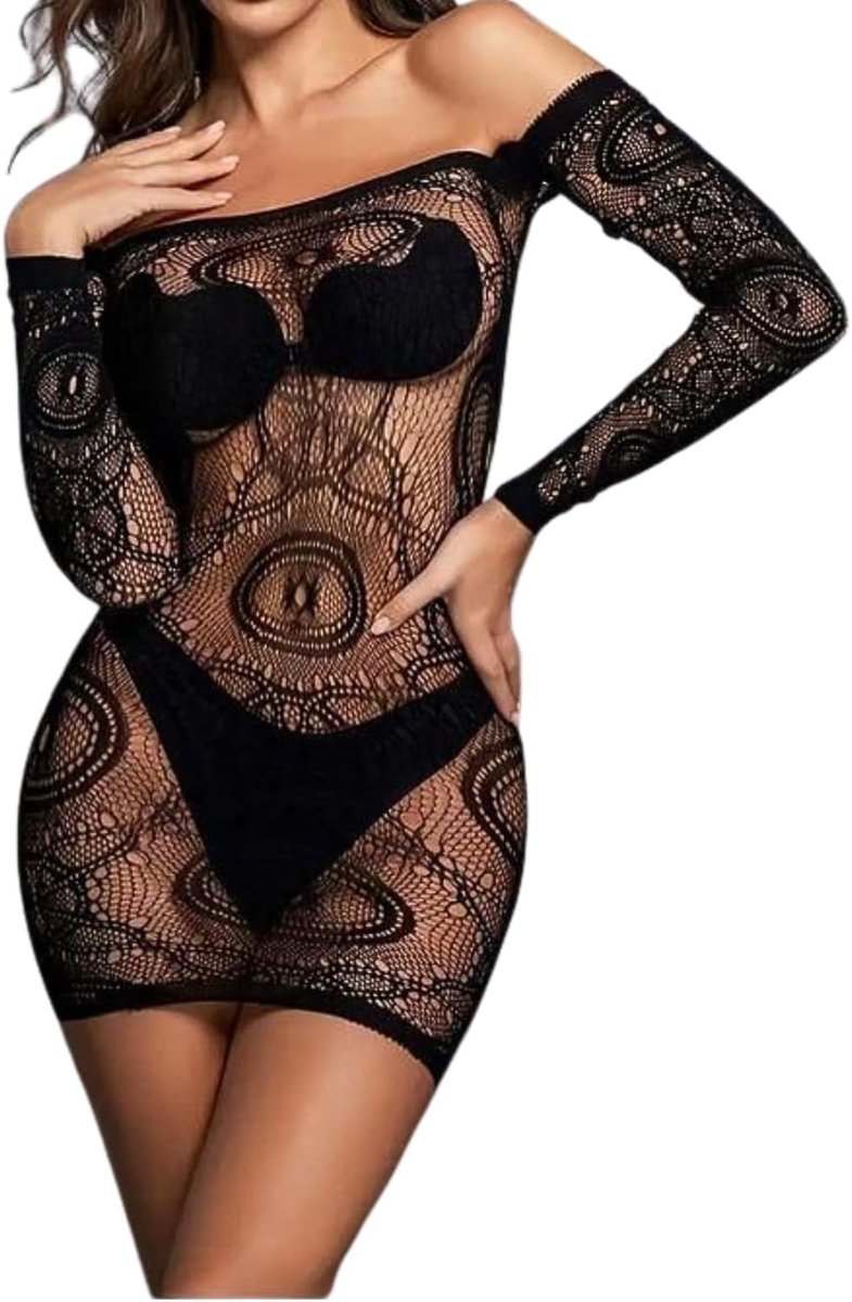 Mesh-jurk, netjurk, doorzichtige strandbedekking, damesoutfit, lange mouwen, doorzichtig, negligé, visnet, vrouwen, clubwear, festival, rave, zwart