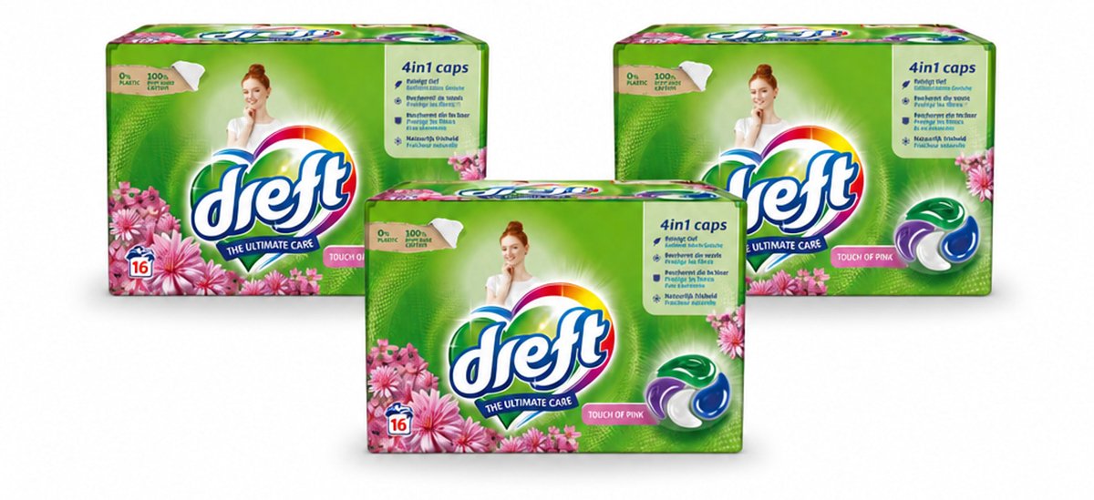 3 x Dreft - Wasmiddelcapsules - Touch of Pink - Geurige verzorging - 16 Wasbeurten - Voordeelverpakking - 3 stuks