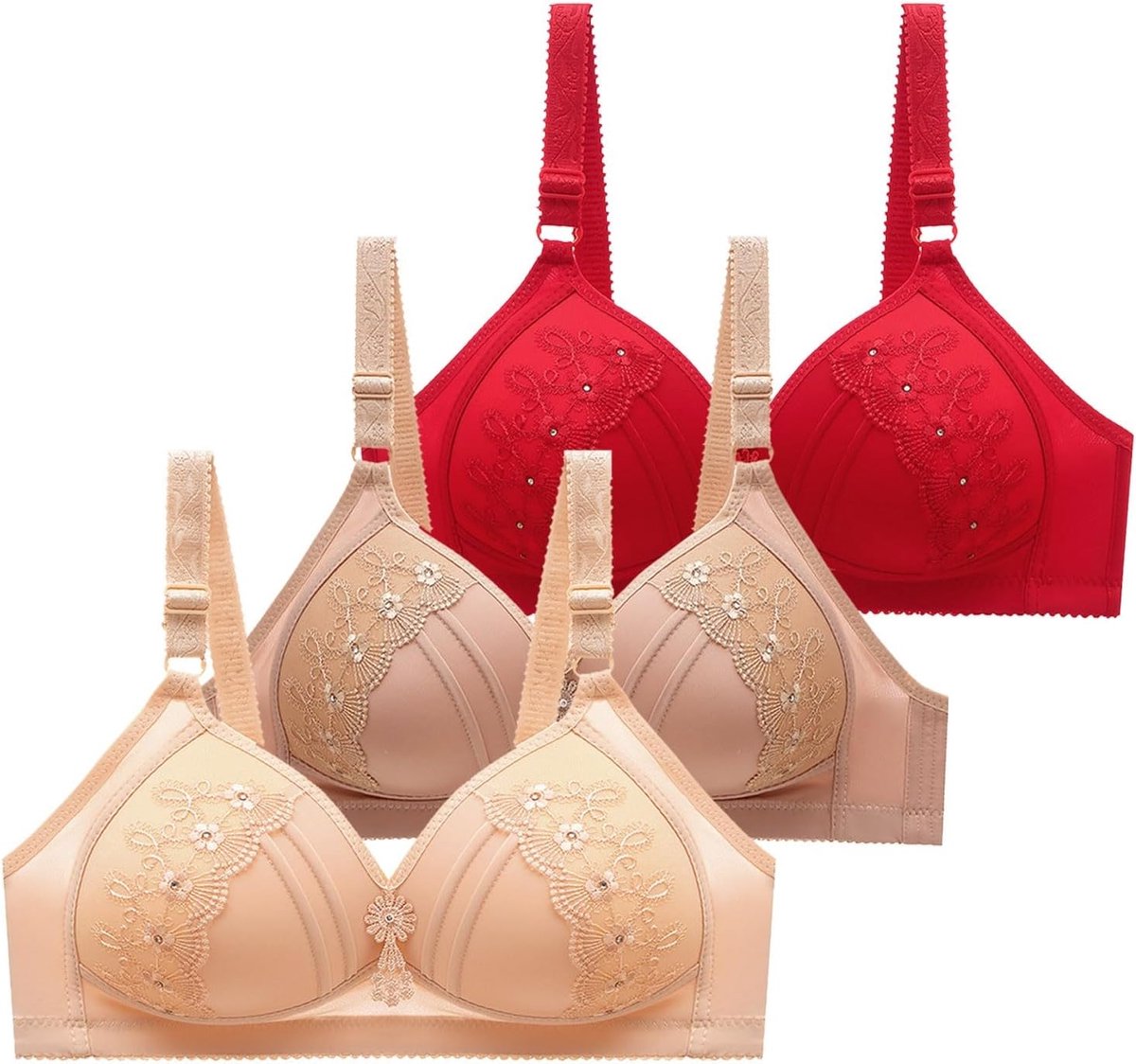 3 stuks damesbeha met voorsluiting, kanten versiering, naadloze plooien, zonder beugel, voor yoga, slaap, actieve beweging, verstelbaar comfort, grote cup, 3 stuks