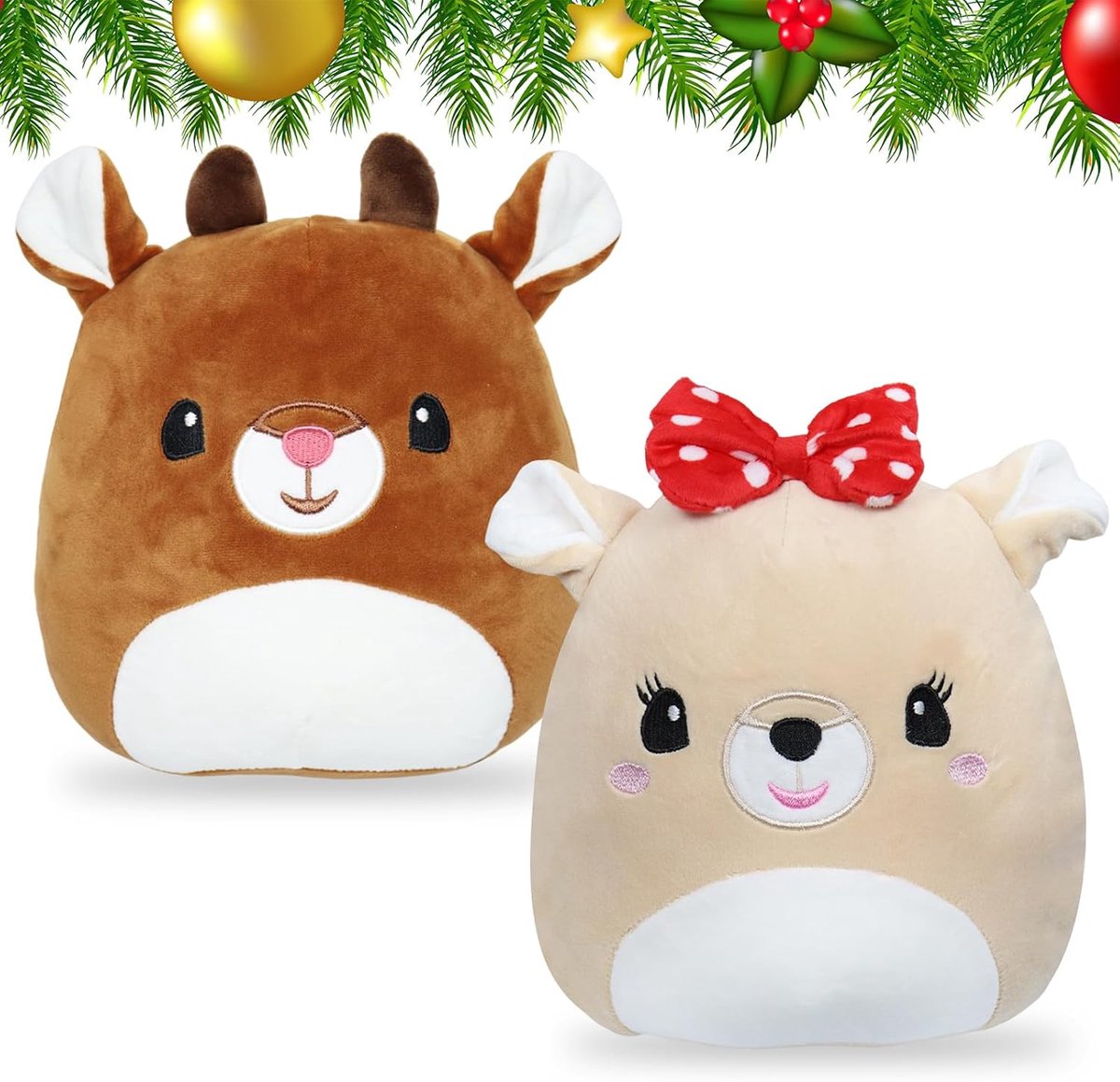 knuffeldier, 2 stuks knuffeldier voor Kerstmis, bruin en wit, kerstrendier, pluche knuffeldier, pluche knuffeldier voor kinderen, bank, slaapkamer, decoratie
