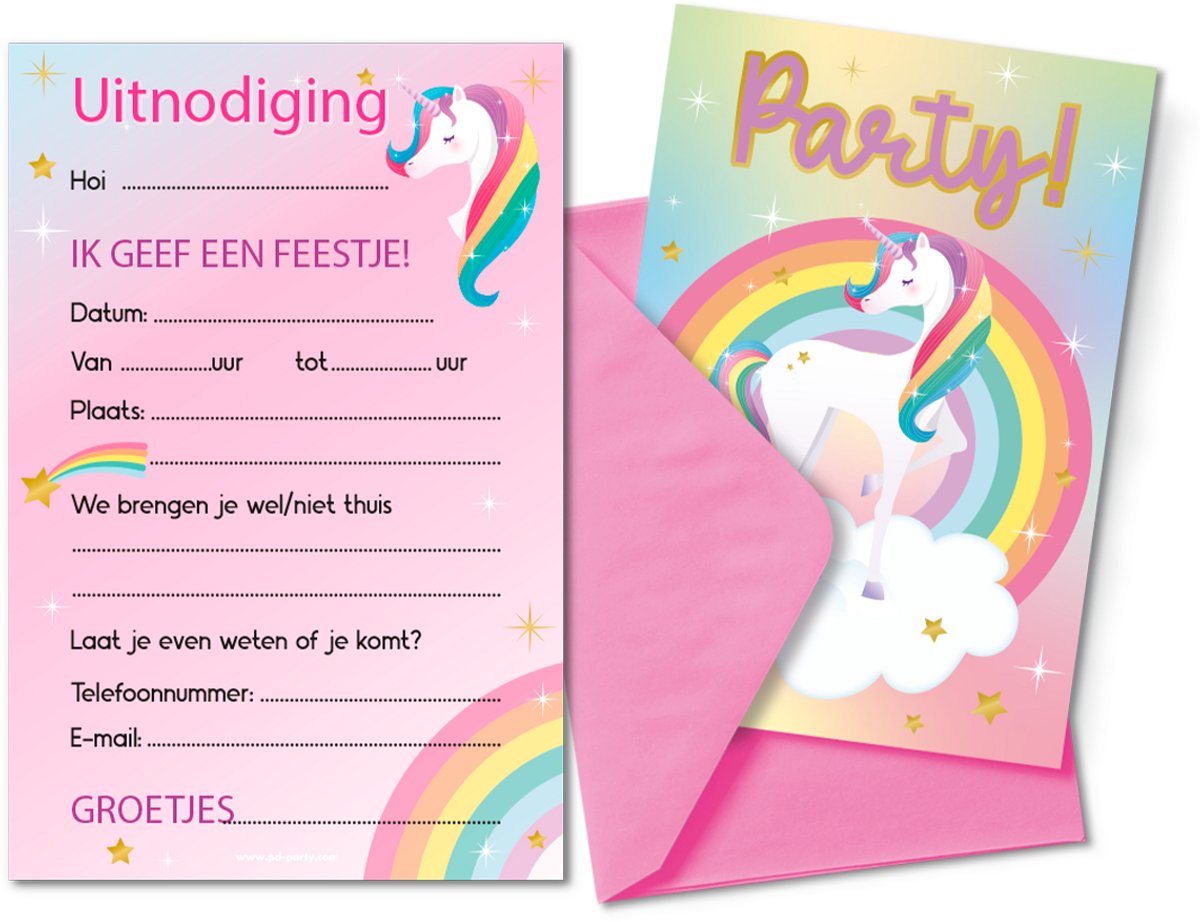 LUQ – Unicorn Kinderfeestje Uitnodigingen – 6 St – Pastel Birthday Set – Eenhoorn Verjaardag Traktatie – Met Enveloppen