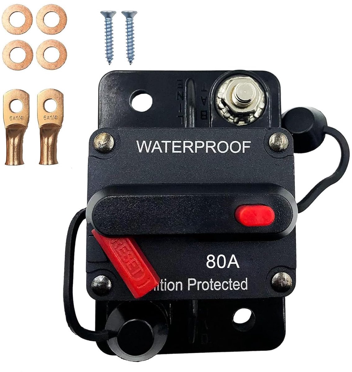 80A Auto Stroomonderbreker 12V-48V Waterdicht Schakelbare Stroom Reset Inline Zekering Thermisch voor Auto, Automotive, Marine Boot, Camper, Vrachtwagen, Stereo Audio Systeem