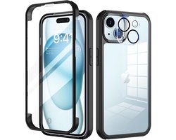 Seacosmo voor iPhone 15 hoes met ingebouwde gehard glas displaybescherming en camerabeschermfolie (9H HD), 360 graden telefoonhoes volledige bescherming schokbestendige iPhone 15 case - Zwart
