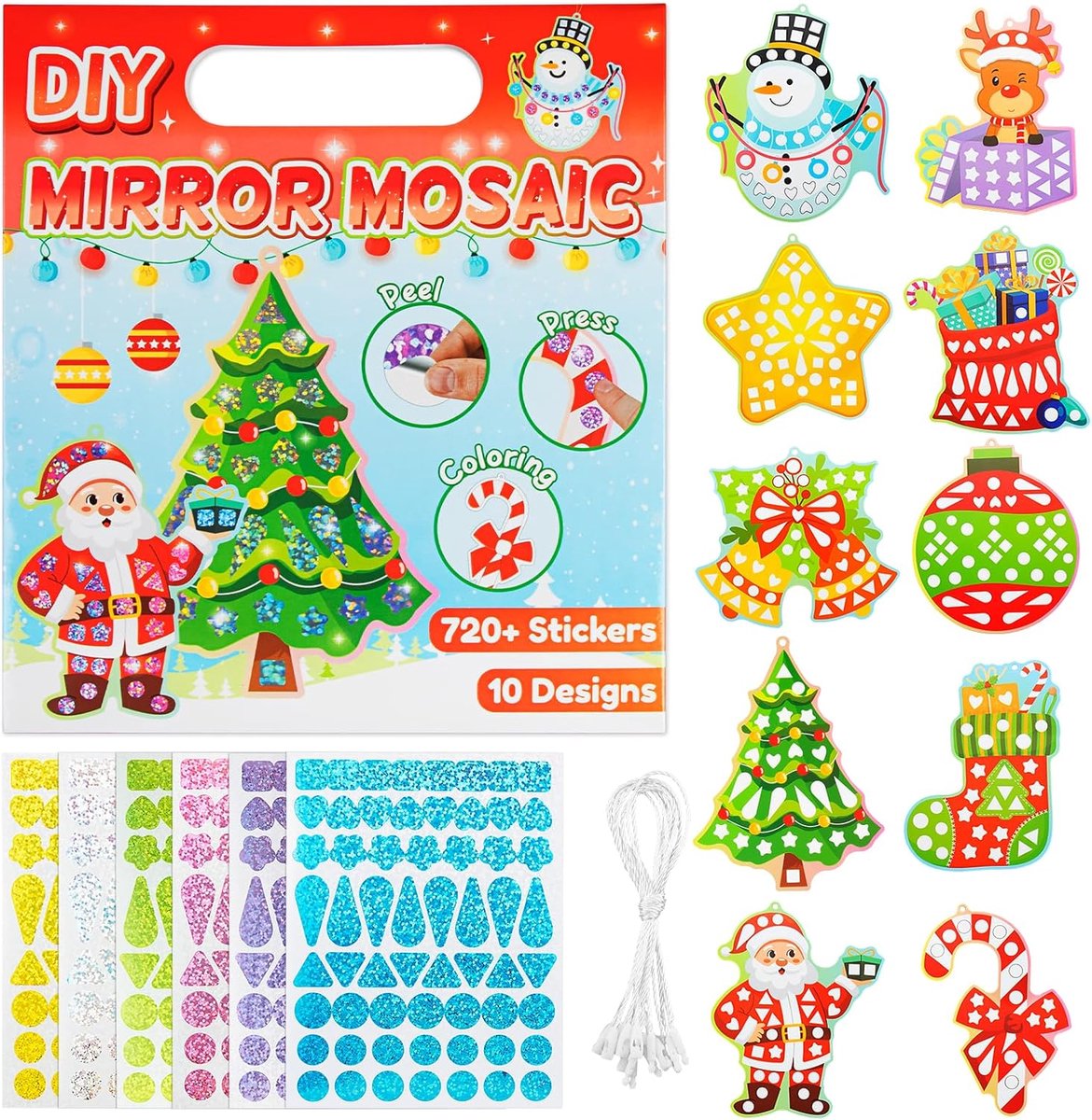 10-delige knutselset voor Kerstmis, kinderen, mozaïekset met laserstickers, mozaïek, kerstversiering voor jongens en meisjes, verschillende