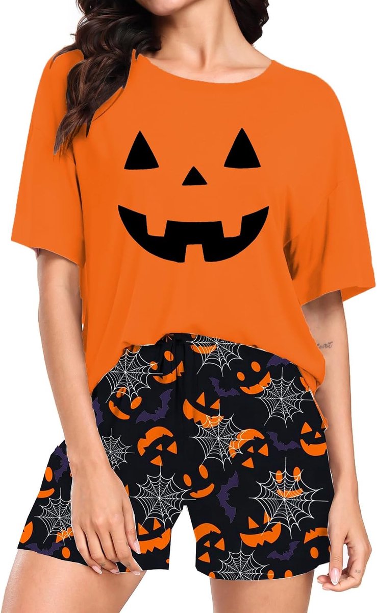 Tiorhooe Halloween pyjama dames pompoen pyjama set korte mouwen tweedelig