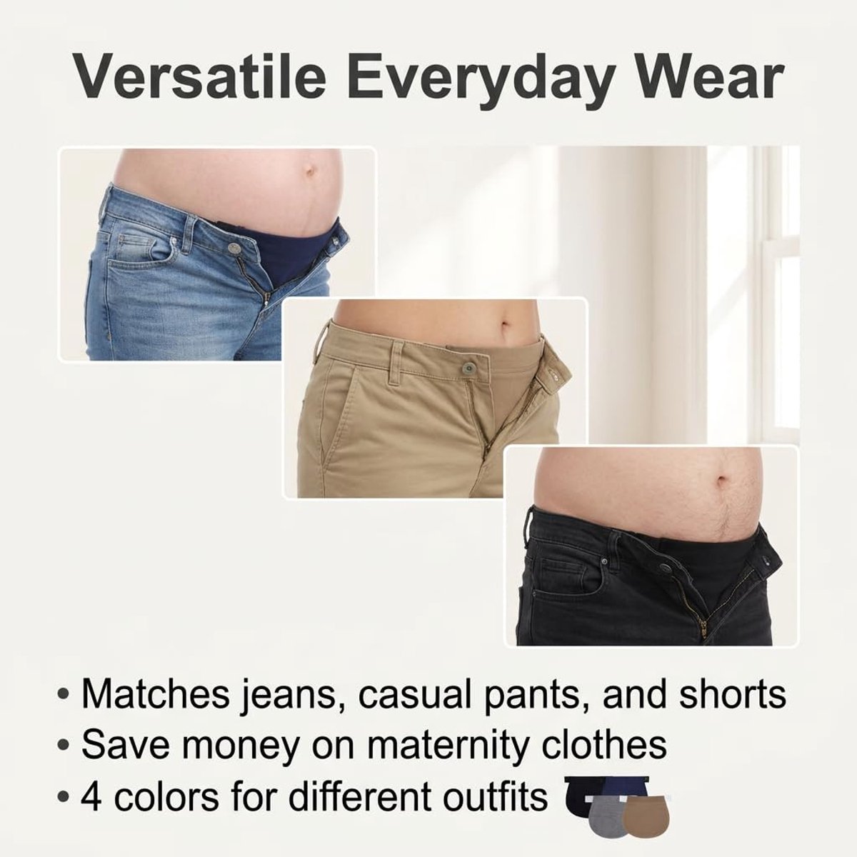 4 stuks, verstelbaar, van katoen, riemverlenging met elastische band voor jeans en broek, zwart, blauw, grijs en kaki