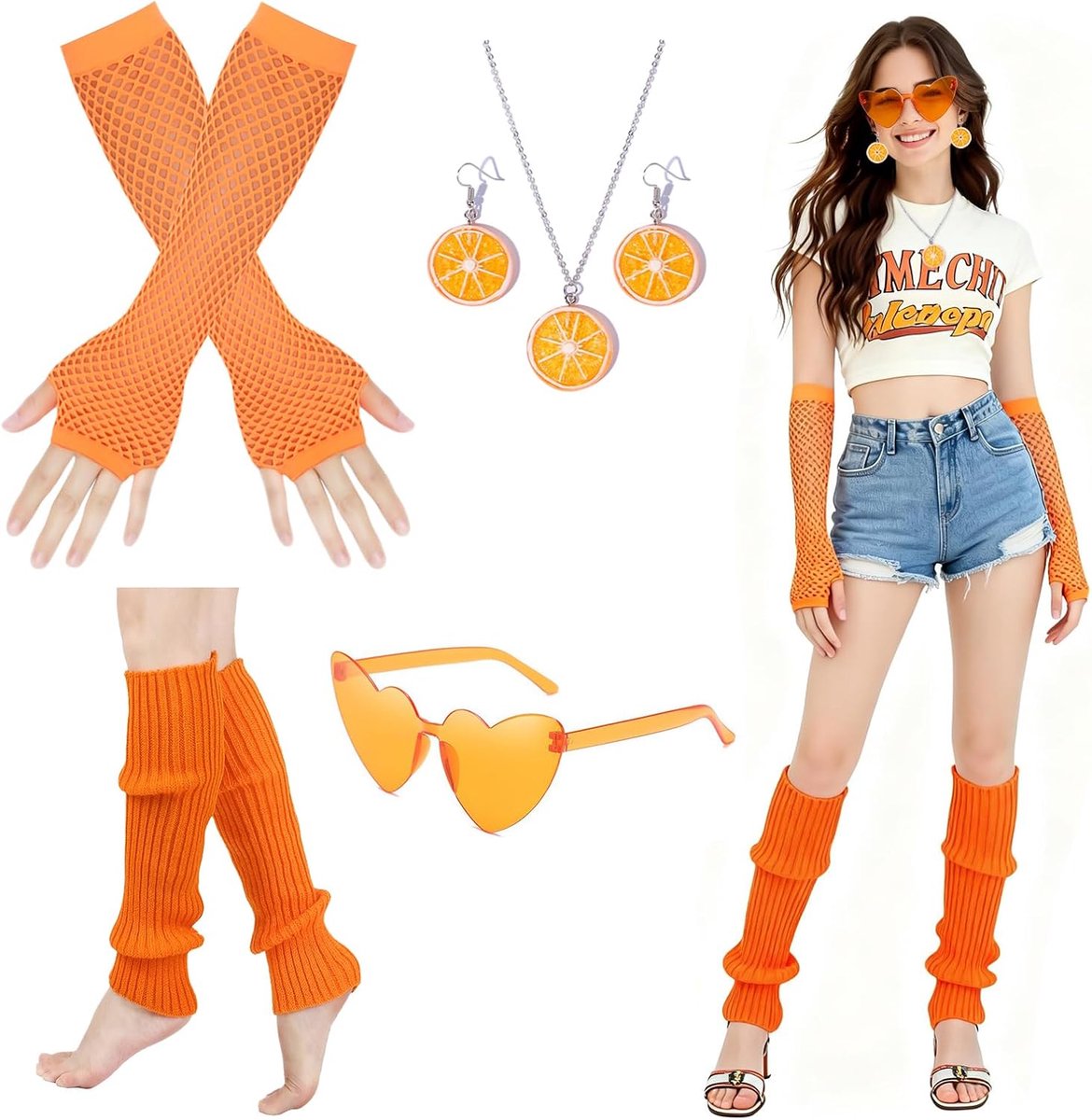 carnavalskostuum voor dames, Aperolkostuum voor dames, oranje kostuum, accessoires, hartbril, oorbellen, oranje halsketting, nethandschoenen, beenwarmer, oranje, fruit, carnaval