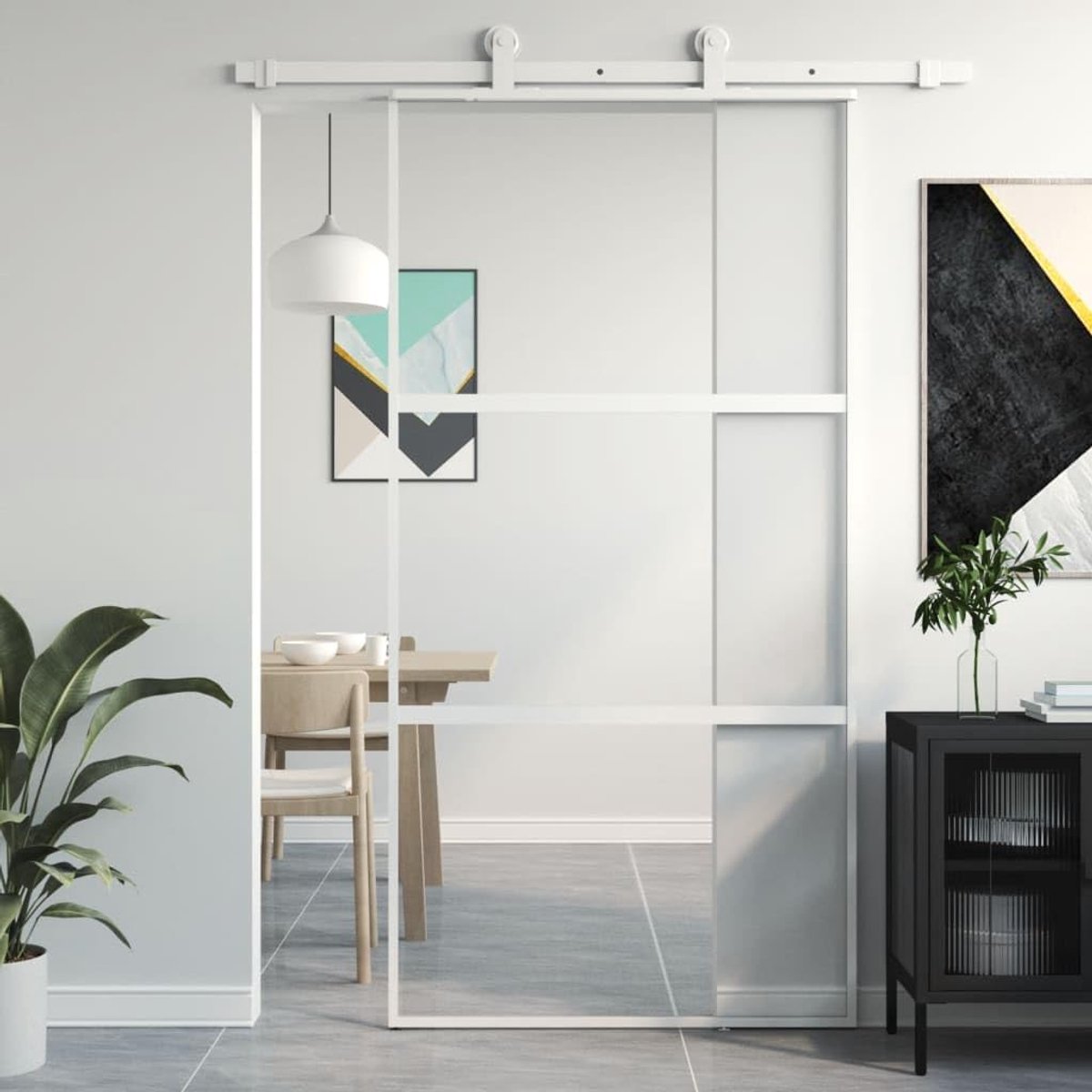 Schuifdeur, binnenste schuifdeur, schuifdeur voor keuken, badkamer, schuifdeur van gehard glas, toegangsdeuren, wit, 102,5 x 205 cm, gehard glas en aluminium