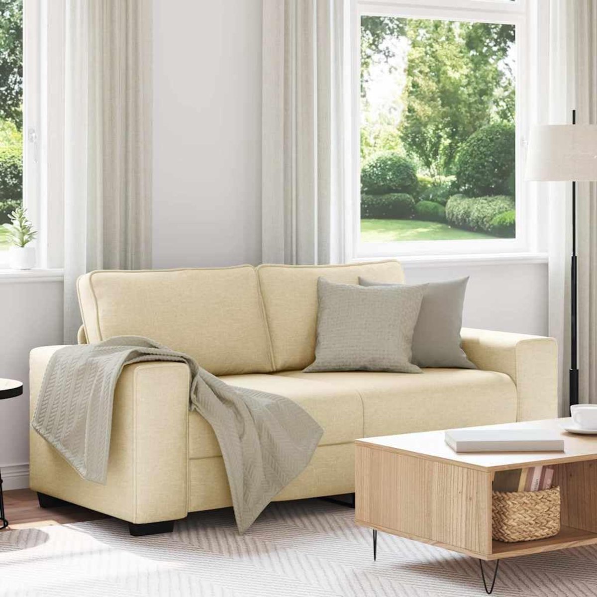 2-zitsbank crème 140 cm stof met brede armleuningen en robuust houten metalen frame, polyesterweefsel voor ademend vermogen en duurzaamheid, dik gevoerd
