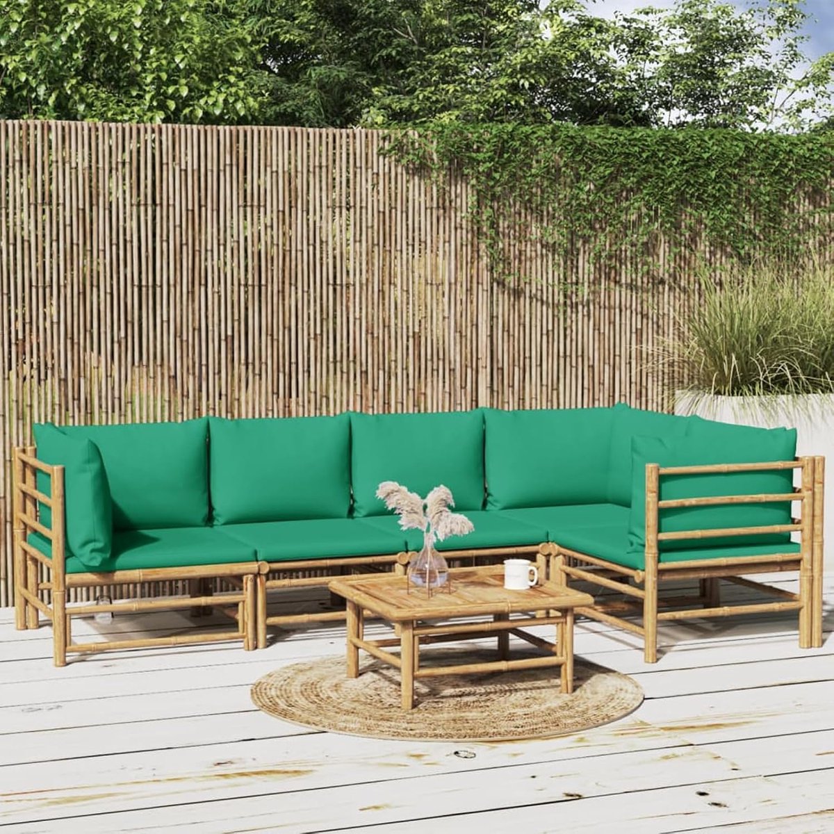 Tuinmeubelen voor buiten, 6 stuks, tuinbank, stoel, tafel voor buiten, terras, bamboe en kussens, 3 x hoek + 2 x midden + groene tafel