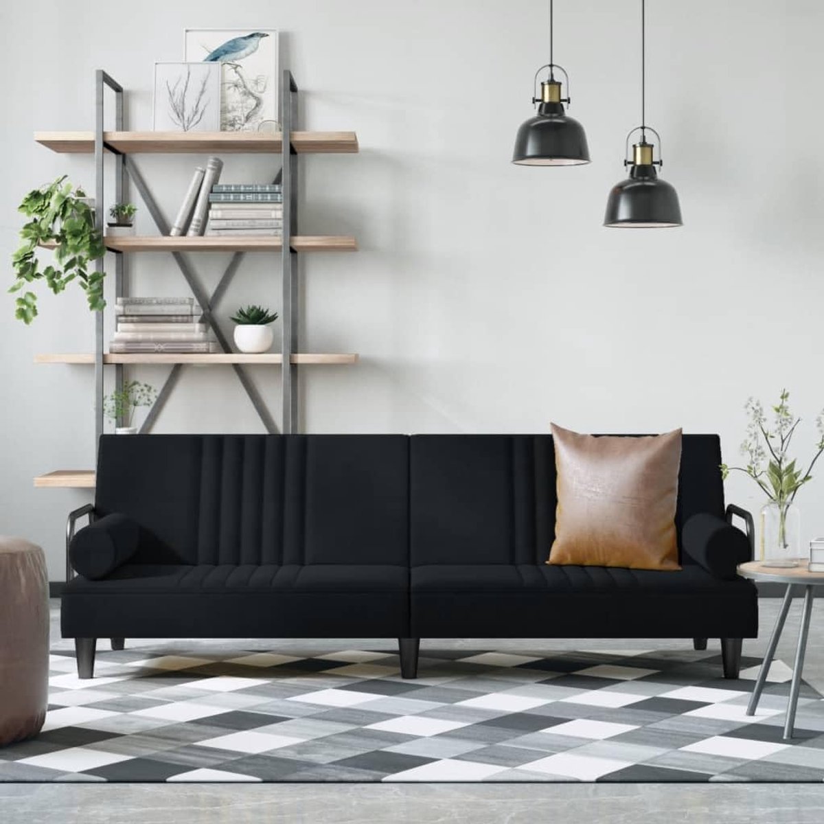 Woonkamerbank, stoel, slaapbank met armleuningen, zwart, fluweel, voor woonkamer, logeerkamer, kantoor