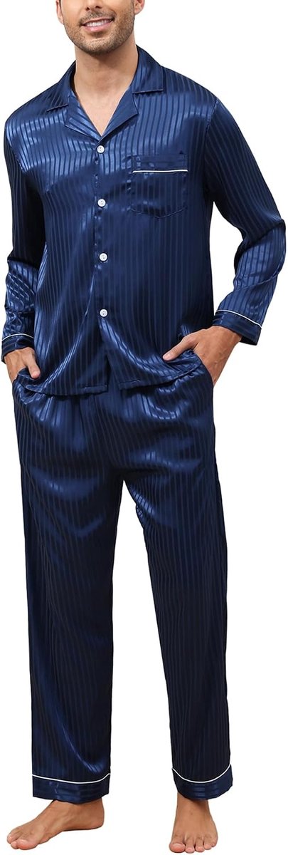 Herenpyjama van zijdesatijn, tweedelige complete set met overhemd met lange mouwen en knopen en elegante broek met zakken luxe homewear