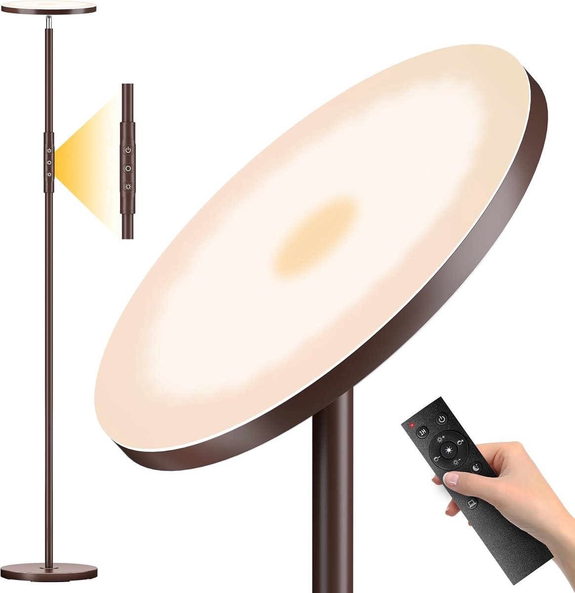 Vloerlamp, 36W Super Heldere Dimbare Vloerlamp Woonkamer 2700K-6500K Traploos Dimmen, Afstandsbediening en Touch Control, Moderne Vloerlamp voor Woonkamer Slaapkamer Kantoor, Bruin