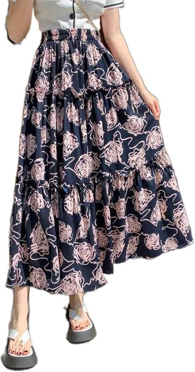 Geplooide Halflange Rok Met Hoge Taille - Zomer Franse Retro Mozaïek Chiffon Print Plooirok Met Houten Oren, Modieuze Huidvriendelijke Zachte A-Lijn Rok,Blauw,One Size