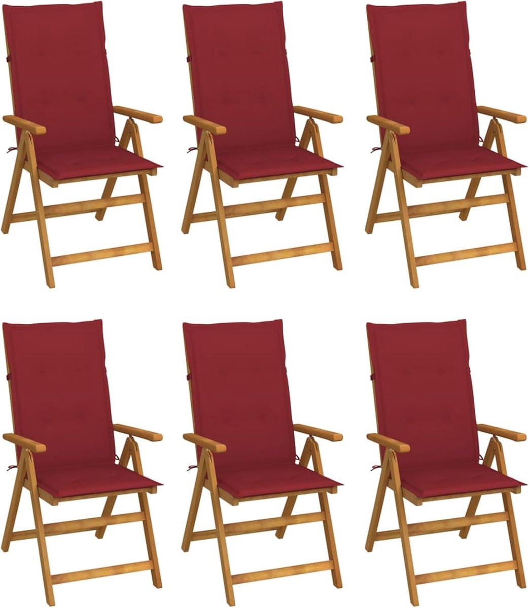 Inklapbaar, 6 stuks, massief acaciahout met olieafwerking, wijnrode polyester kussens, 120 x 50 x 3 cm, outdoor zitgroep