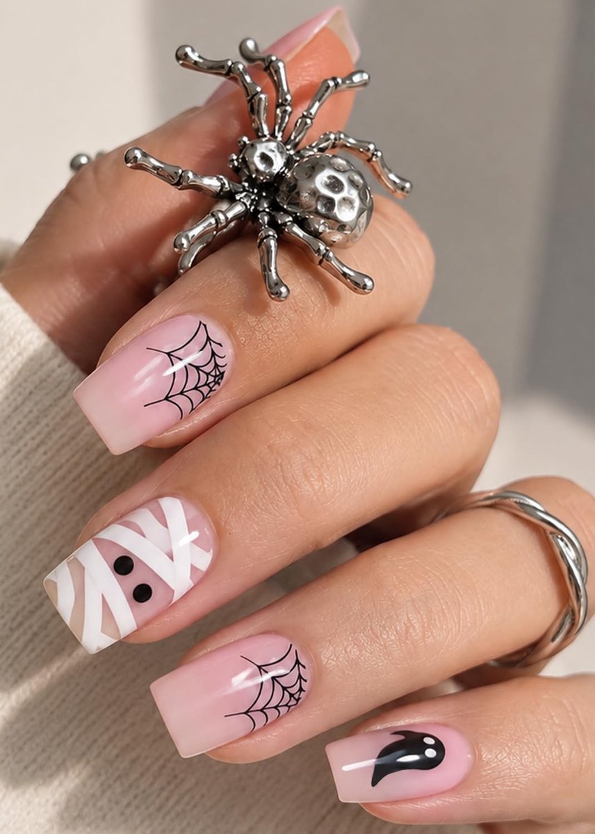 zelfklevend, 20 stuks, Halloween nagels, mummies, roze gel, nagelfolie om op te plakken, voor doe-het-zelf nagels, thuis
