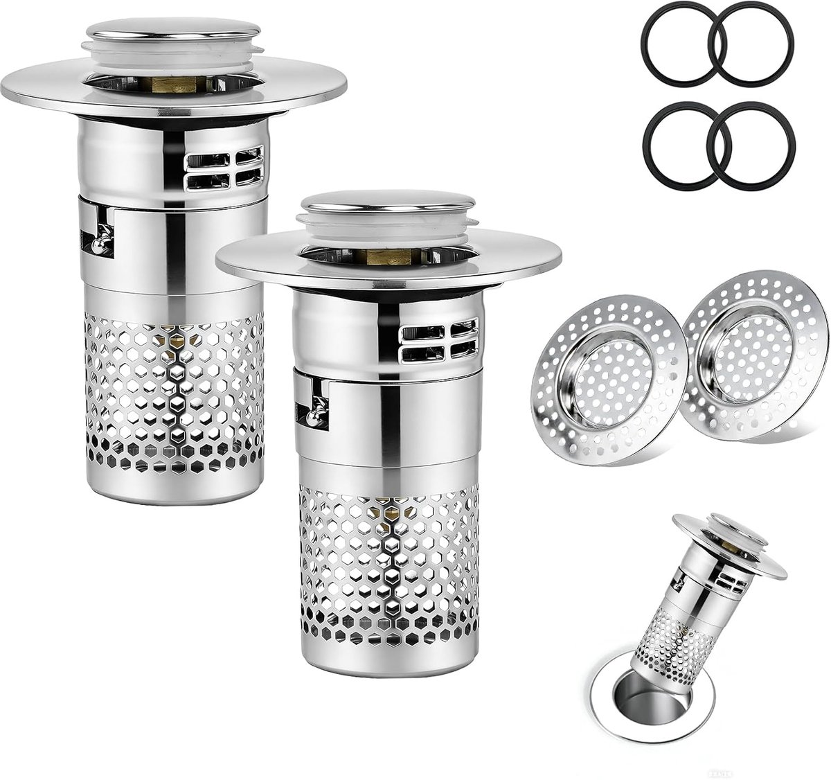 2 stuks wastafelstoppen met zeef, pop-up roestvrijstalen afvoerzeef met 2 stuks afvoerzeef, douche en 4 stuks afdichtingen, universele afvoerstop voor badkamer, wastafel, keuken (diameter 34