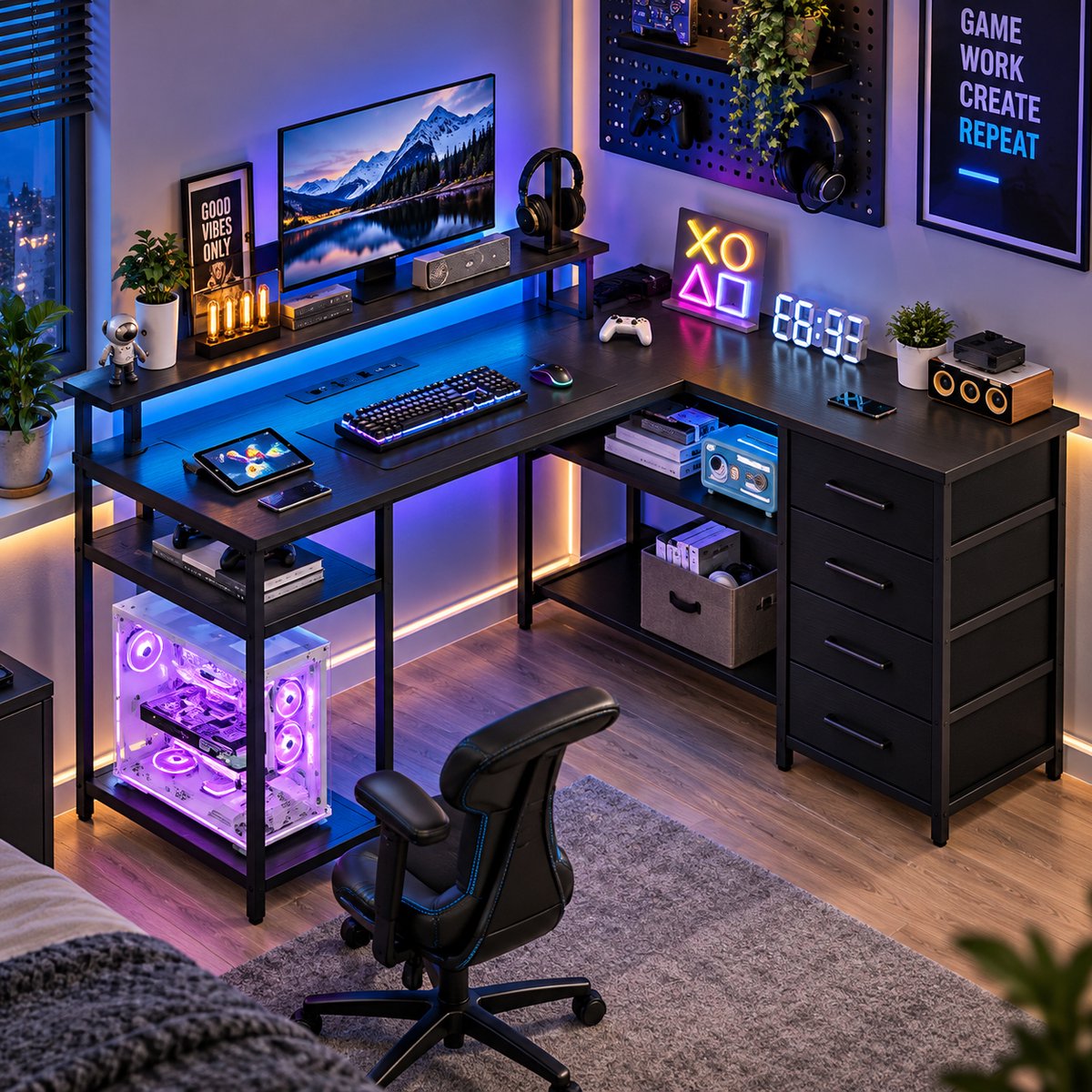 Parasha Nova Bureau - L-vormig bureau, hoekbureau met stopcontacten en USB-aansluitingen, kantoortafel met monitorverhoger en 4 laden, werktafel, gametafel, ruimtebesparend met opbergruimte voor thuiskantoor of studeerkamer, zwart/grijs