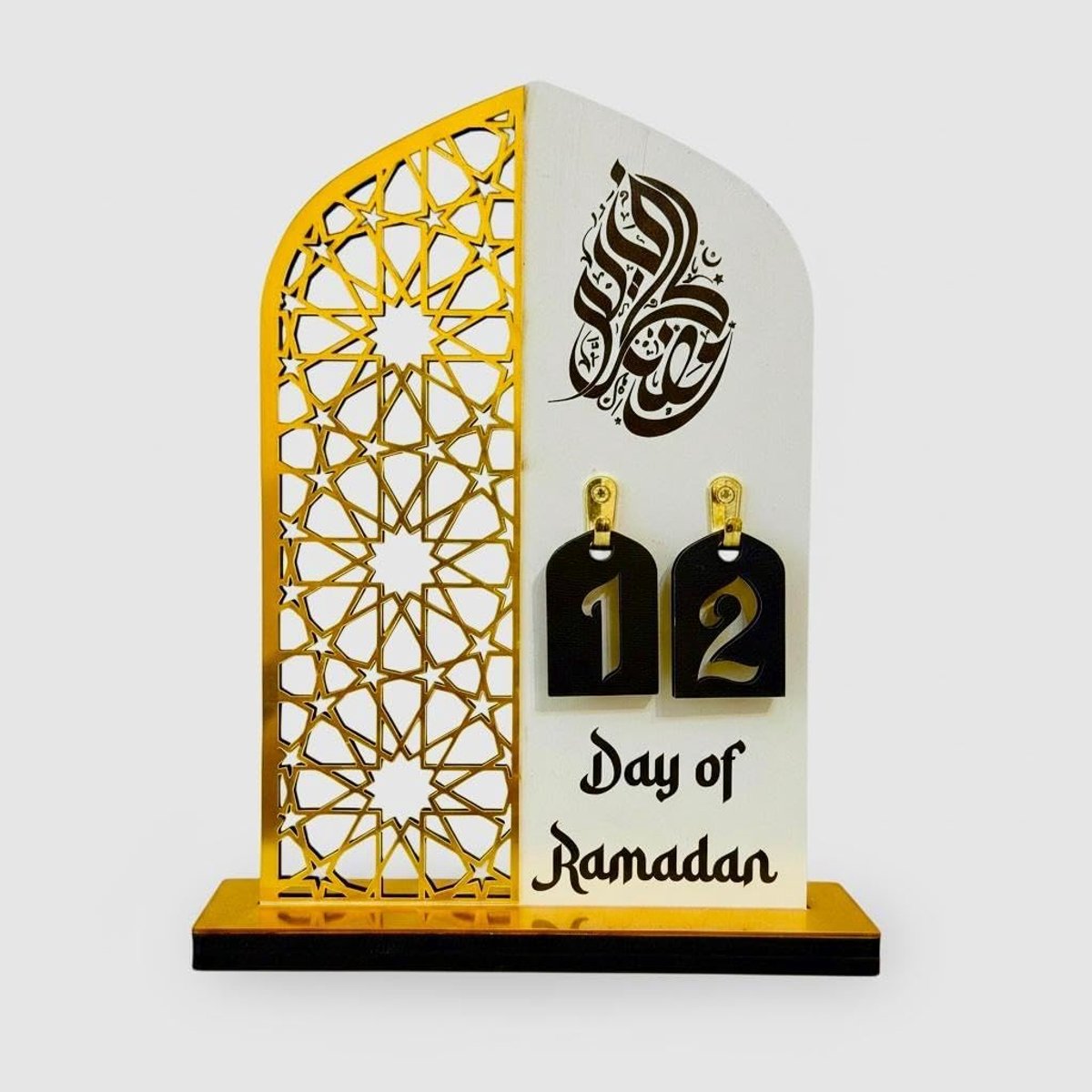 2 stuks houten ramadan-decoraties, islamitische Eid Mubarak Kareem tafelbord, maan holle ster ornament voor moslimfeest, tafelbladdecoratie, huiskunst, ambachtelijke decoratie, gouden maan (zilver,