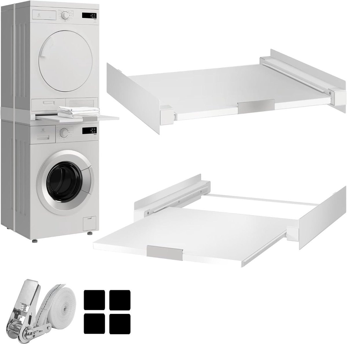 Universeel tussenbouwframe, voor wasmachines en drogers, met uittrekbaar vak, trillingsdempend en kantelvast, afmetingen (60 x 54 x 10 cm, tot 15 kg)