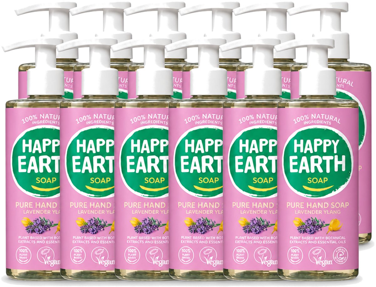 12 x Happy Earth – Handzeep – 100% Natuurlijk Lavender Ylang – 300 ml - Voordeelverpakking - 12 stuks
